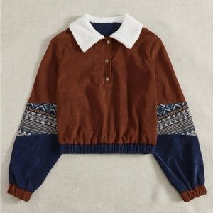 🤎BRANDNEW🤎 Contrast Collar Geo Print Corduroy Sweatshirt